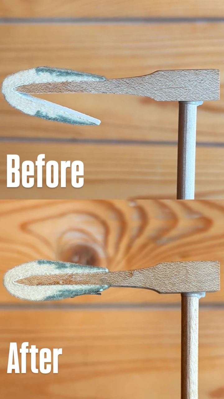A piano hammer before and after restoration
