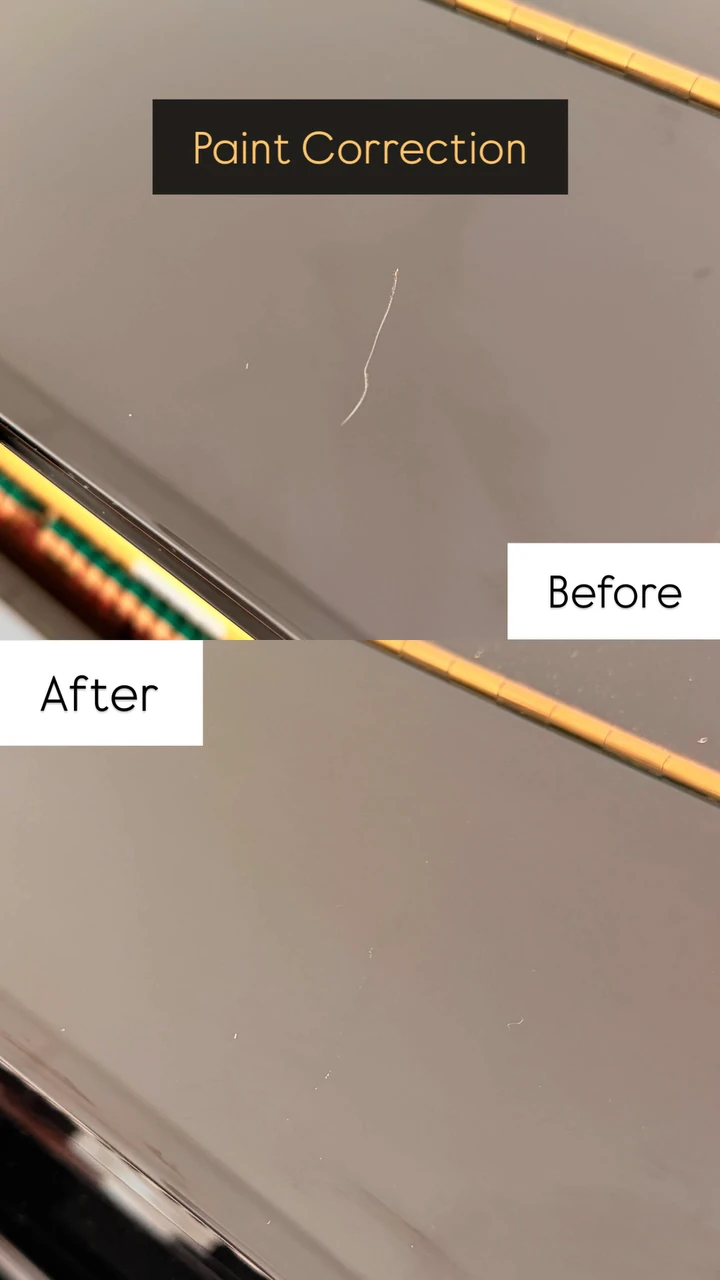 Paint correction on a piano case, before and after