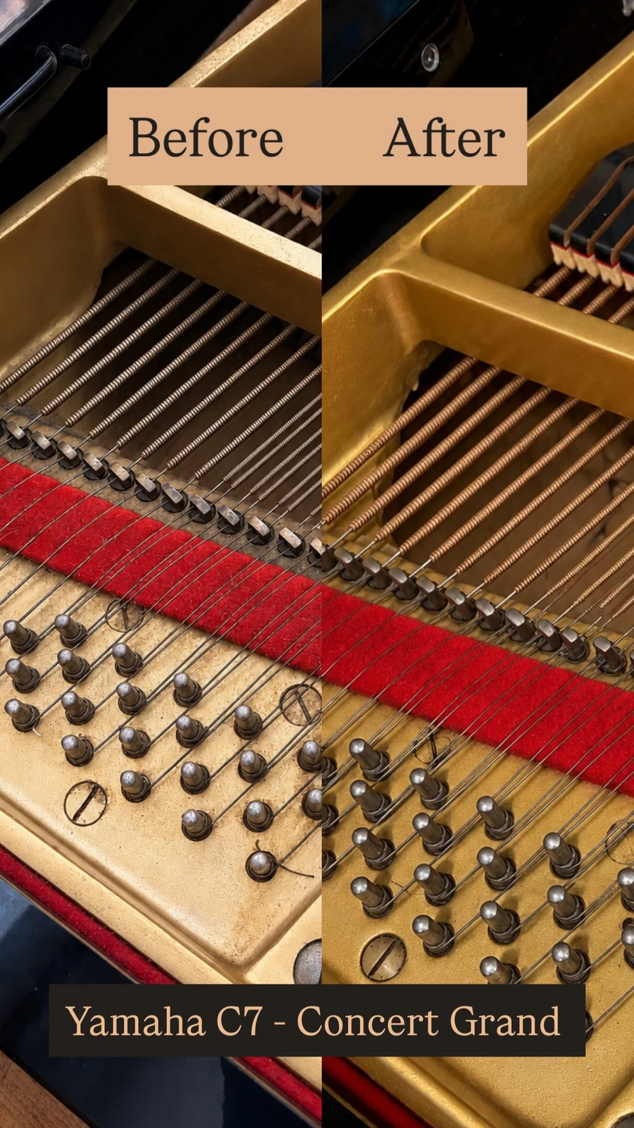 Strings and tuning pins of a Yamaha C7 concert grand, before and after
