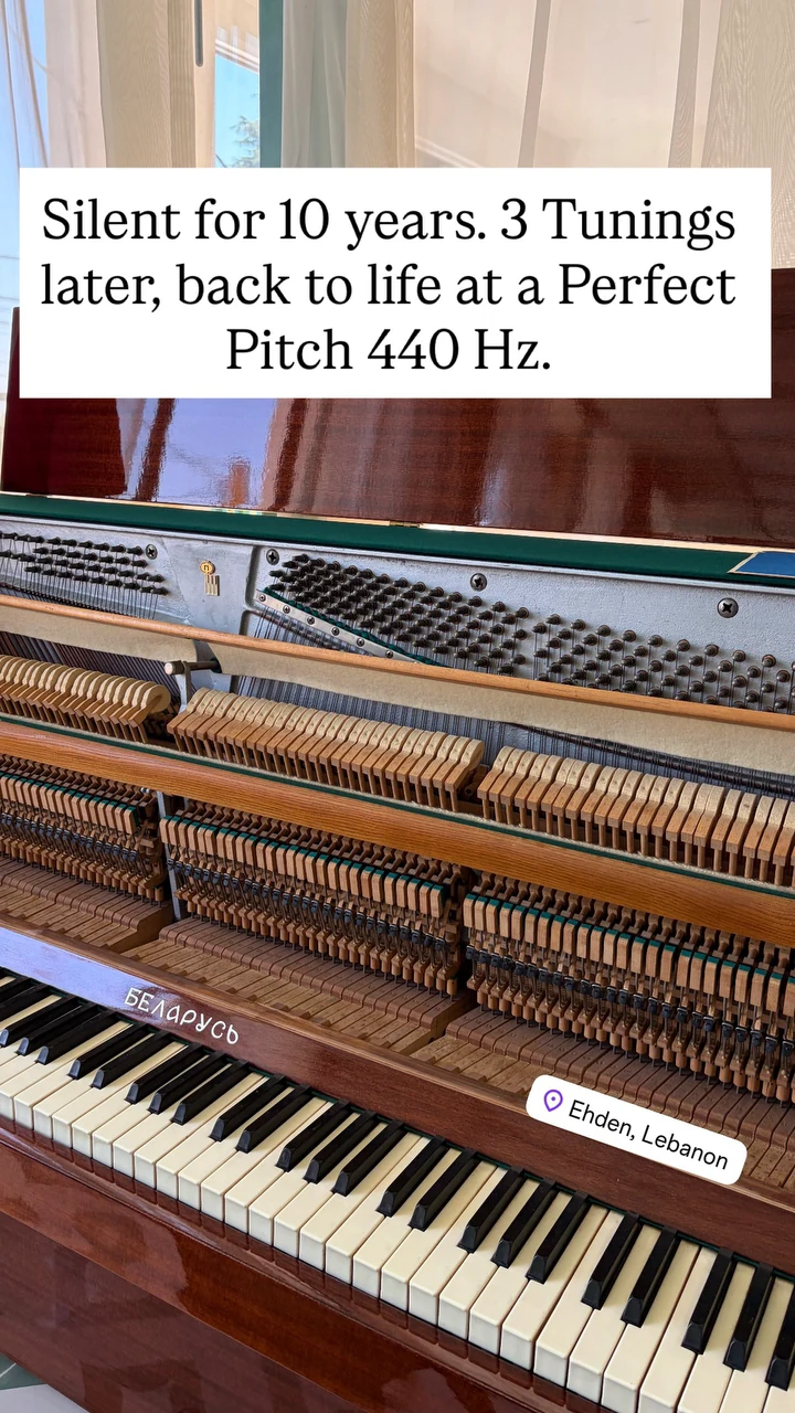 An upright silent for ten years, back to a perfect pitch of 440 Hz after three tunings, Ehden